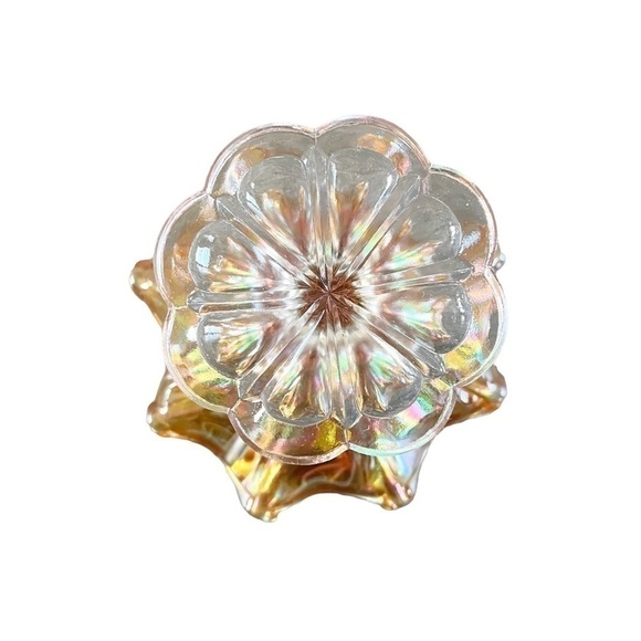 Antique Marigold Carnival Glass Compote Candy Dish Ruffle Clear Stem - Picture 4 of 7